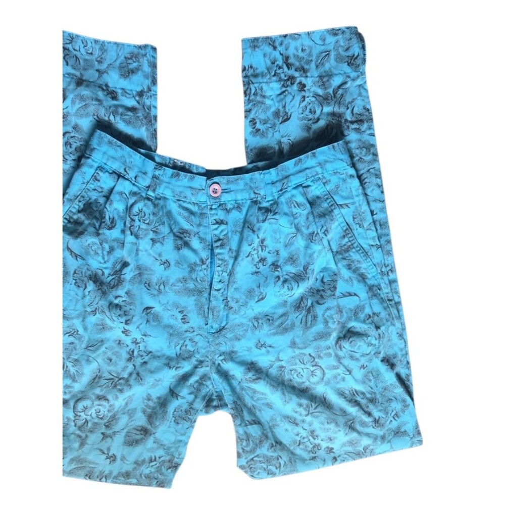 Vintage 80s/90s Queen of Saba Concorde Floral Tapered Pants - Acid Blue - M